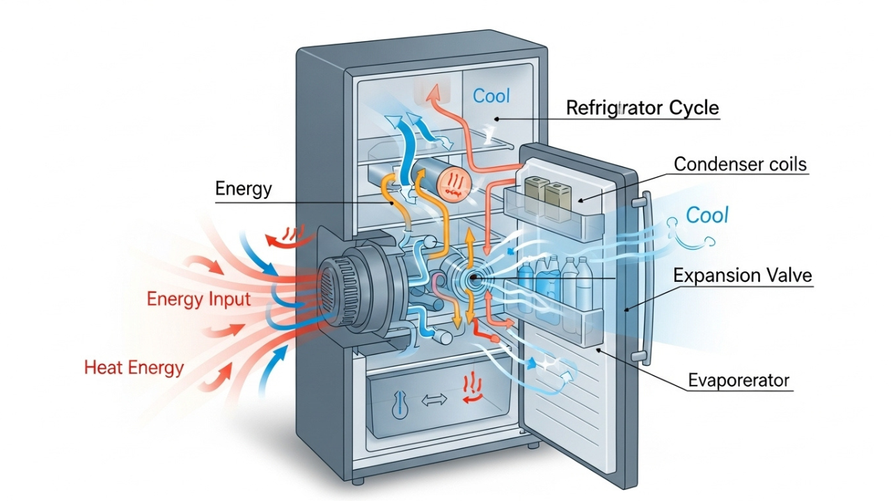 How does a refrigerator use thermodynamics